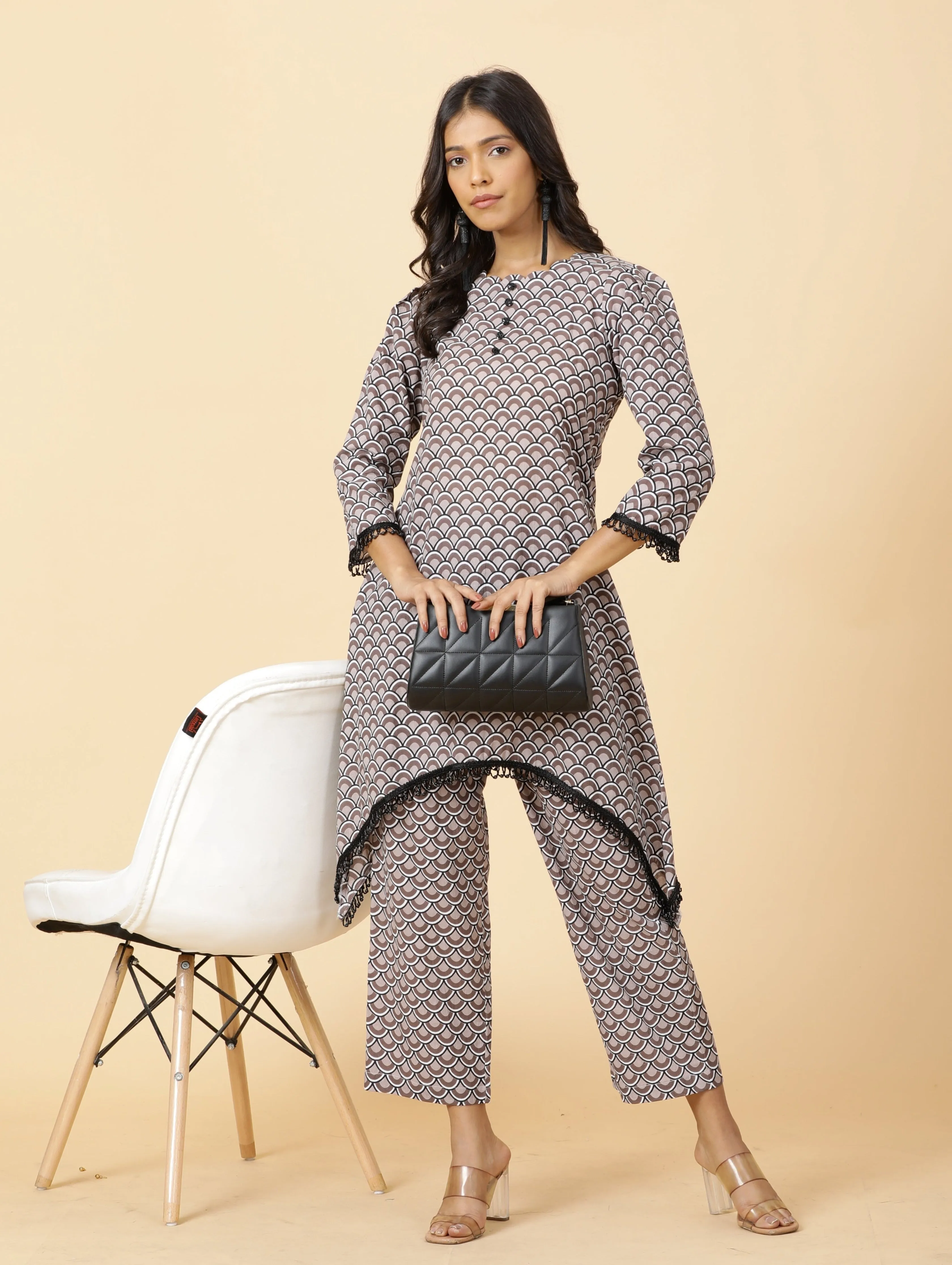 Stylish Tawny Brown Sanganeri Printed Co-Ord Set