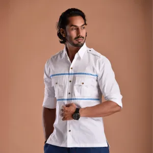 Stylish White Hunting Shirt with Blue Strip