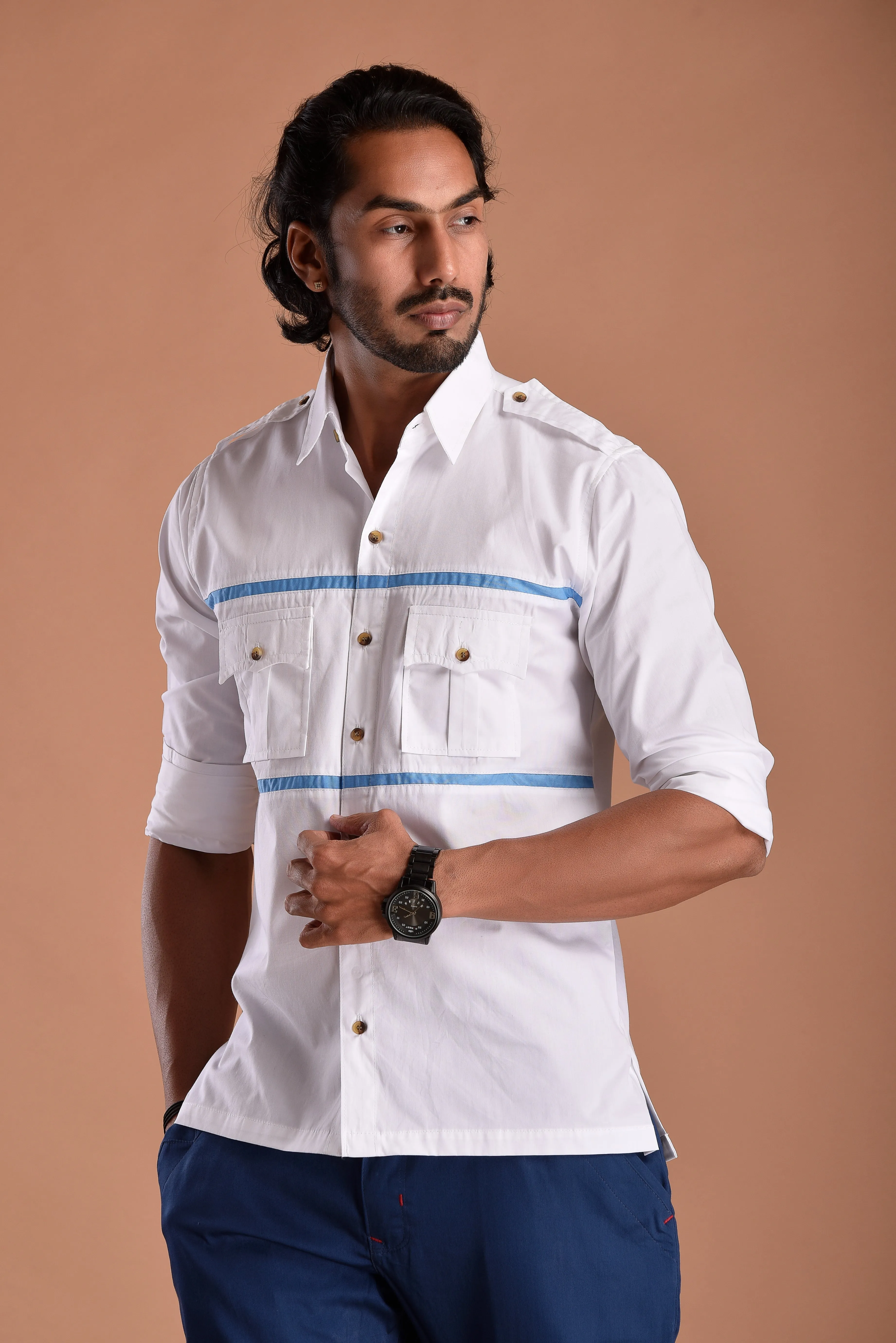 Stylish White Hunting Shirt with Blue Strip