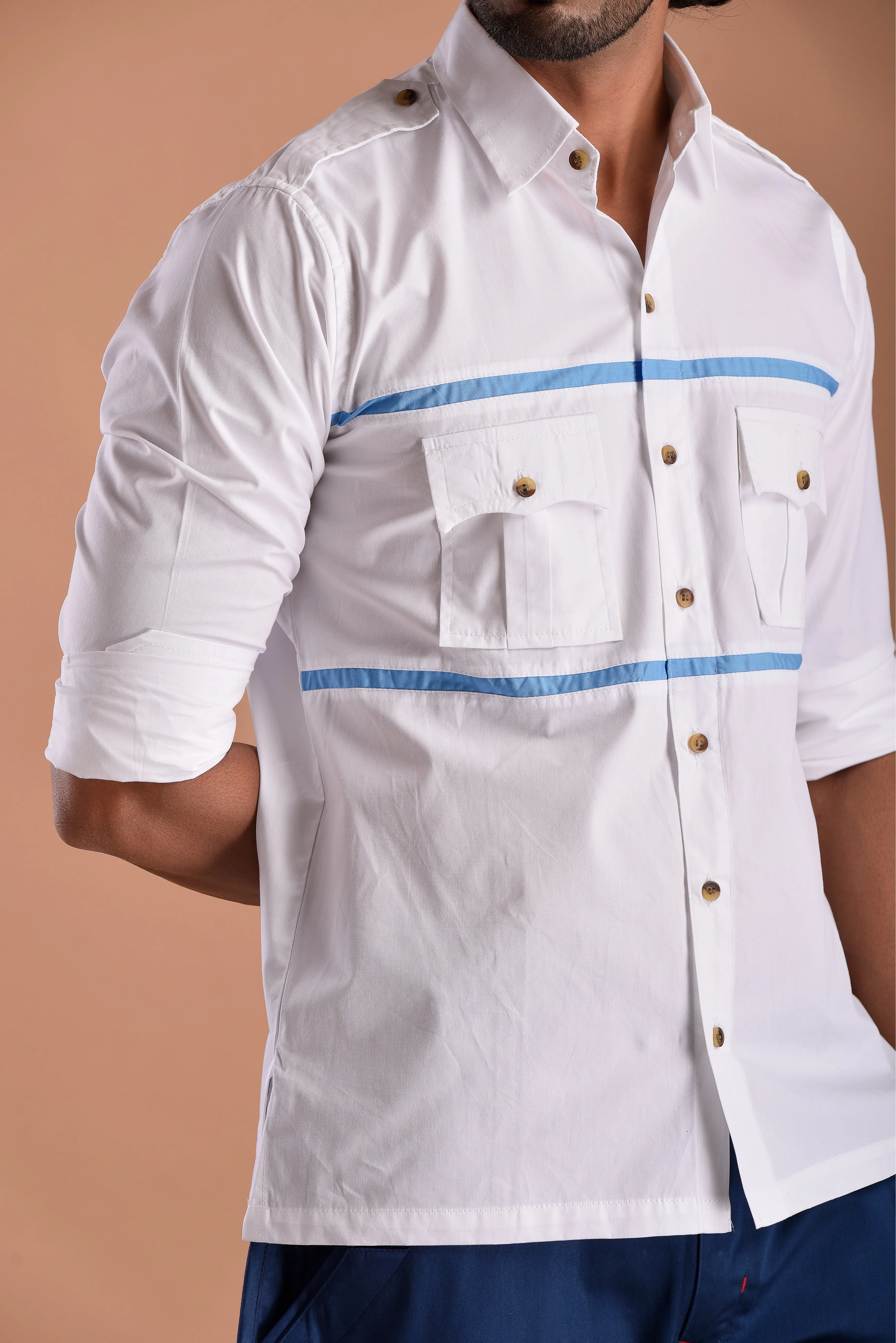 Stylish White Hunting Shirt with Blue Strip