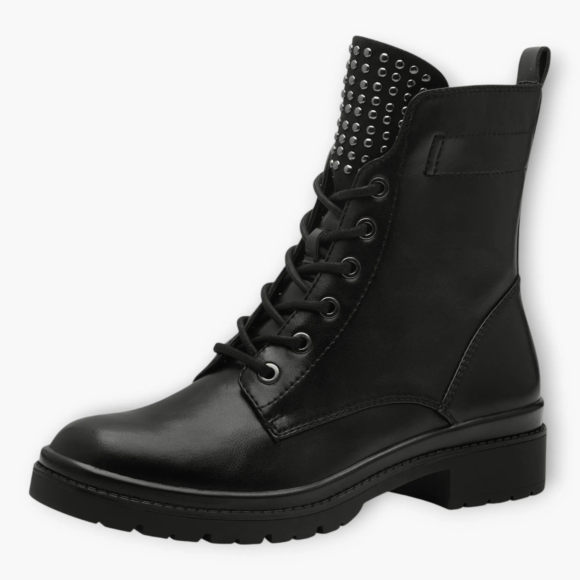 Tamaris Black Lace-Up Boots with Chunky Sole and Silver Stud Detailing