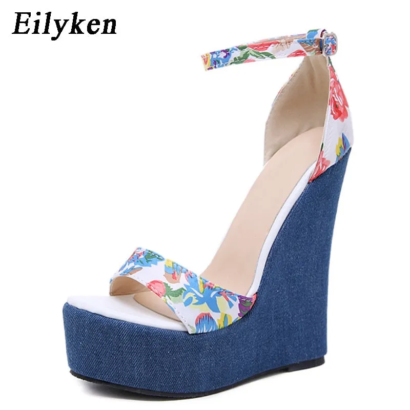 Trendy Peep Toe Platform Denim Sandals