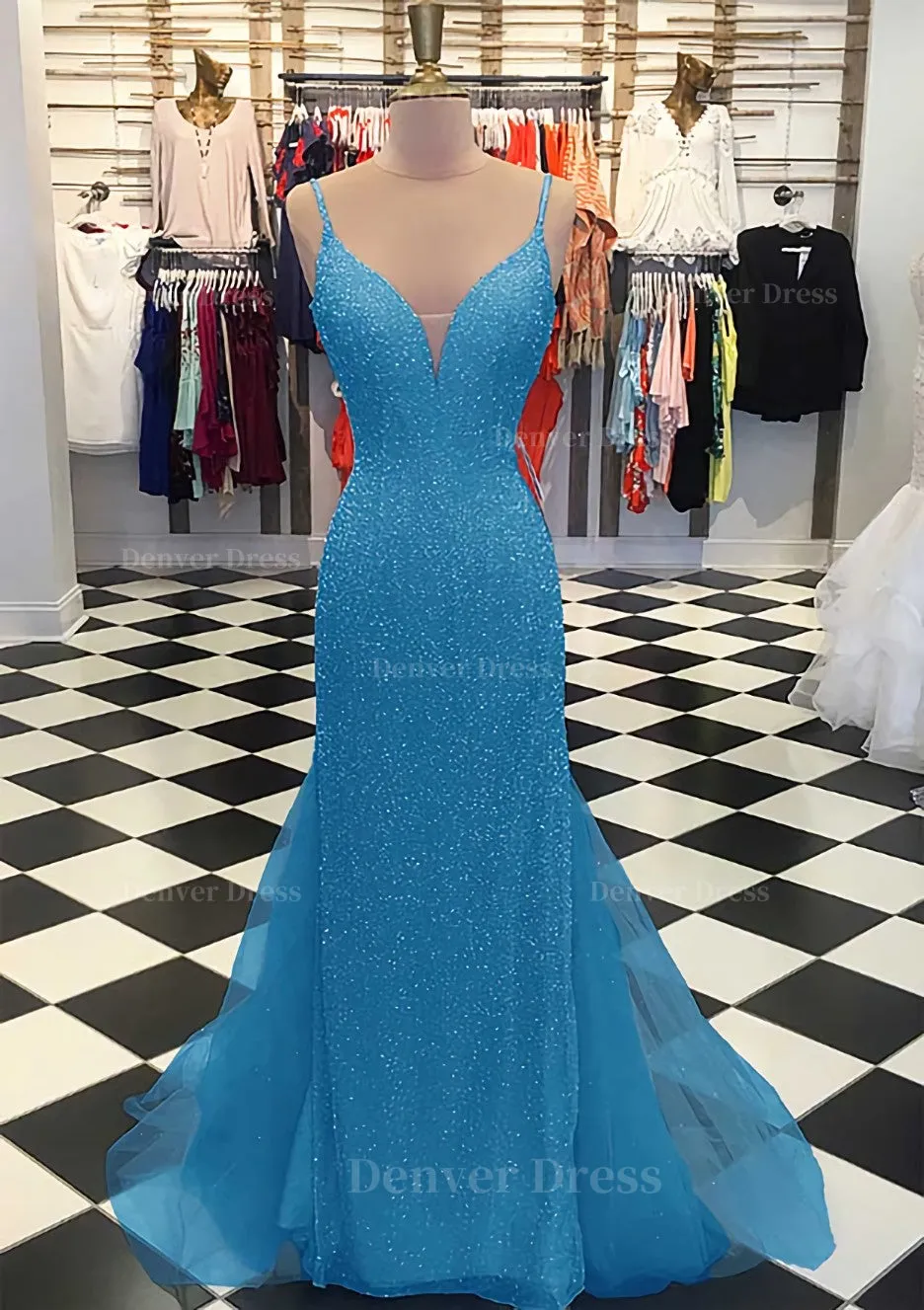 Trumpet/Mermaid V Neck Sleeveless Court Train Lace Tulle Prom Dress