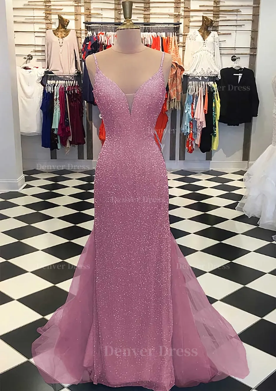 Trumpet/Mermaid V Neck Sleeveless Court Train Lace Tulle Prom Dress