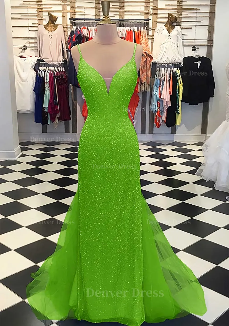 Trumpet/Mermaid V Neck Sleeveless Court Train Lace Tulle Prom Dress