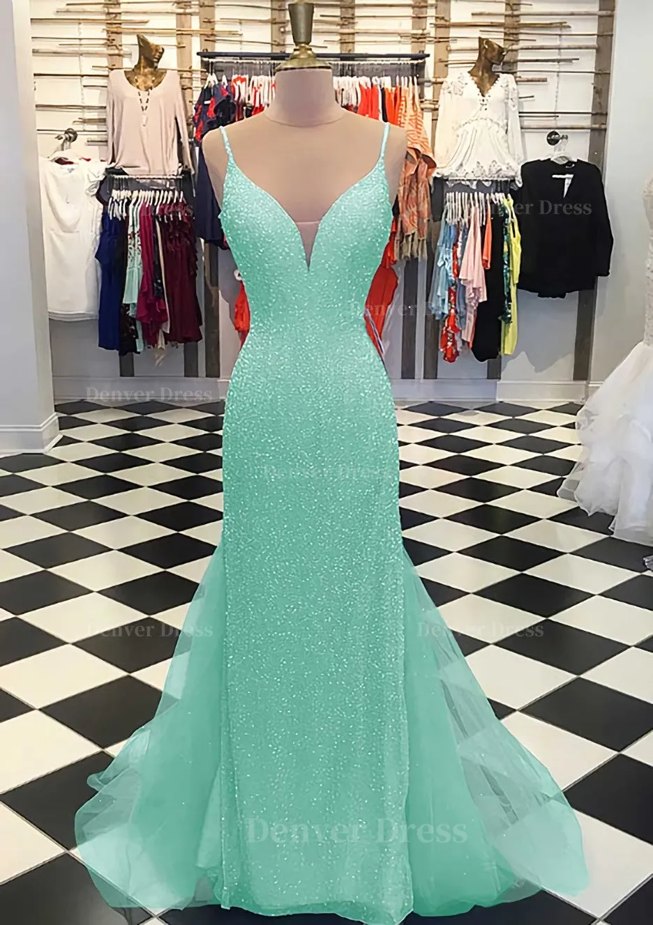 Trumpet/Mermaid V Neck Sleeveless Court Train Lace Tulle Prom Dress