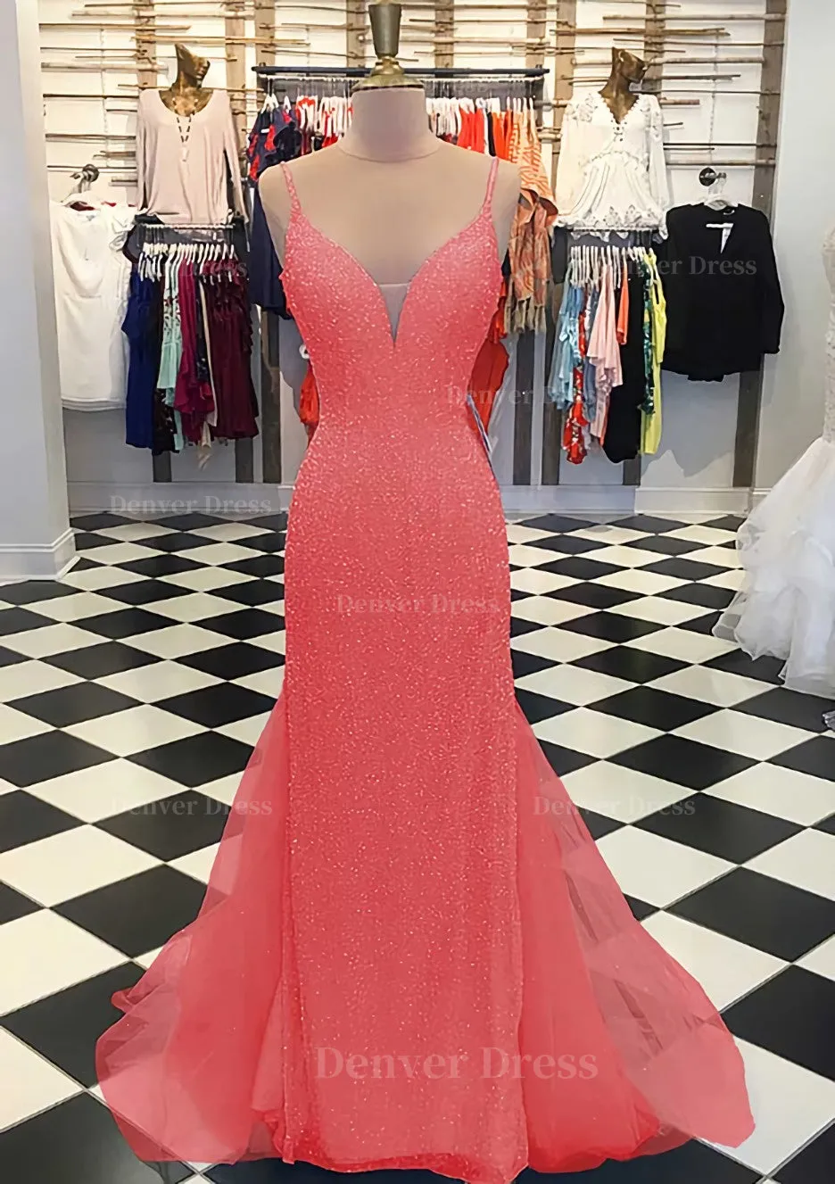 Trumpet/Mermaid V Neck Sleeveless Court Train Lace Tulle Prom Dress