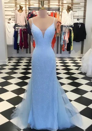 Trumpet/Mermaid V Neck Sleeveless Court Train Lace Tulle Prom Dress