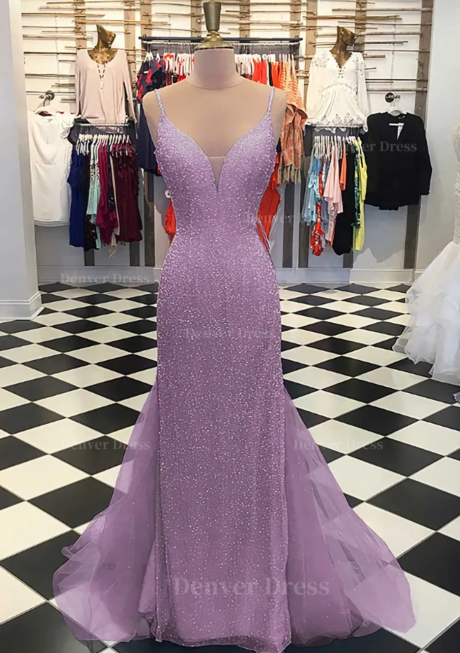 Trumpet/Mermaid V Neck Sleeveless Court Train Lace Tulle Prom Dress