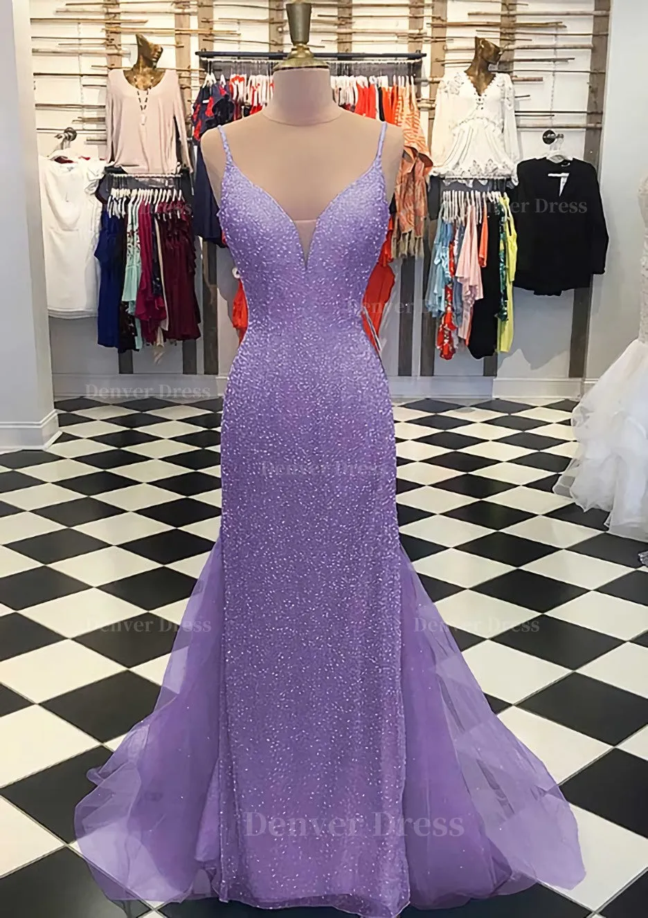 Trumpet/Mermaid V Neck Sleeveless Court Train Lace Tulle Prom Dress