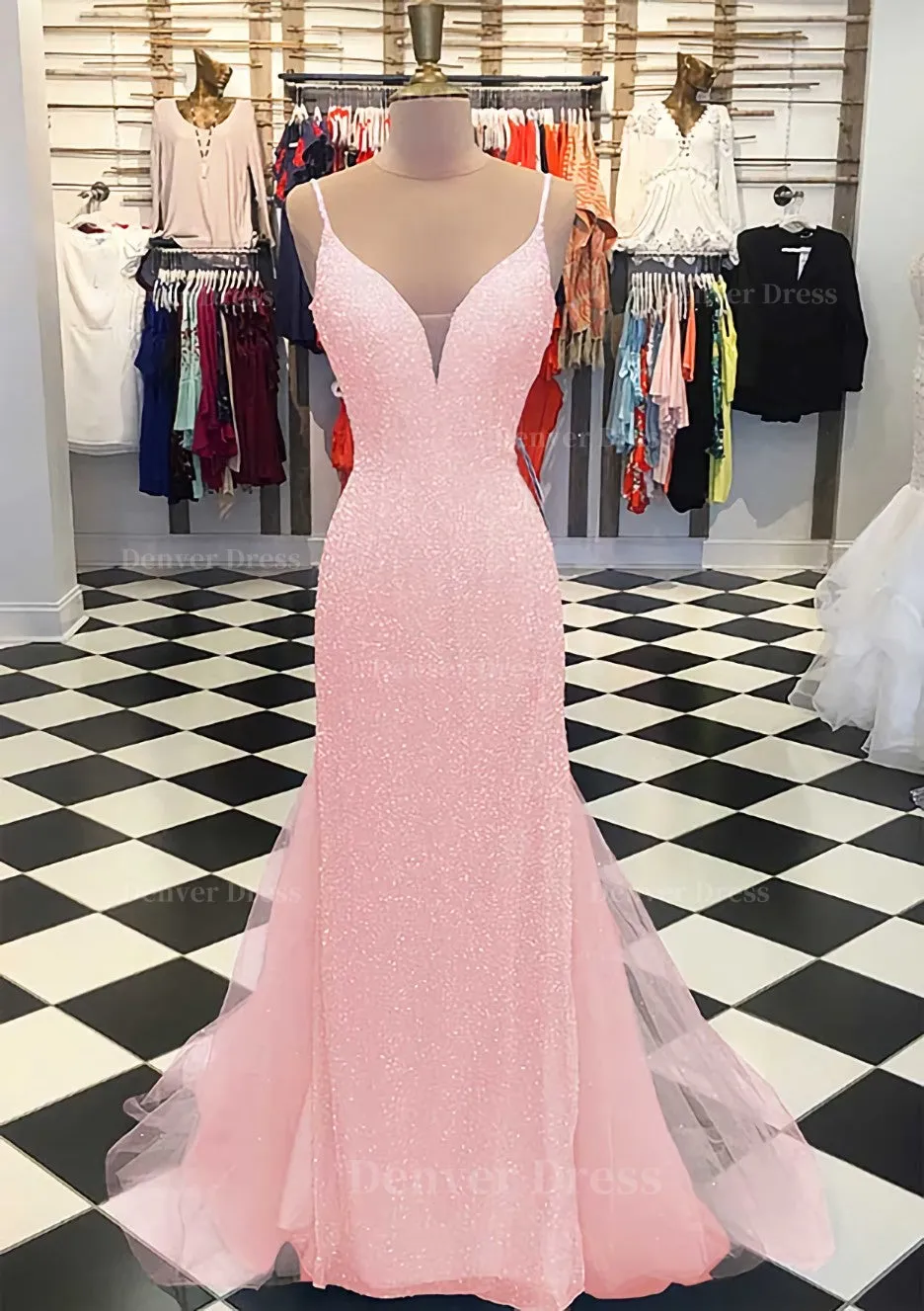 Trumpet/Mermaid V Neck Sleeveless Court Train Lace Tulle Prom Dress