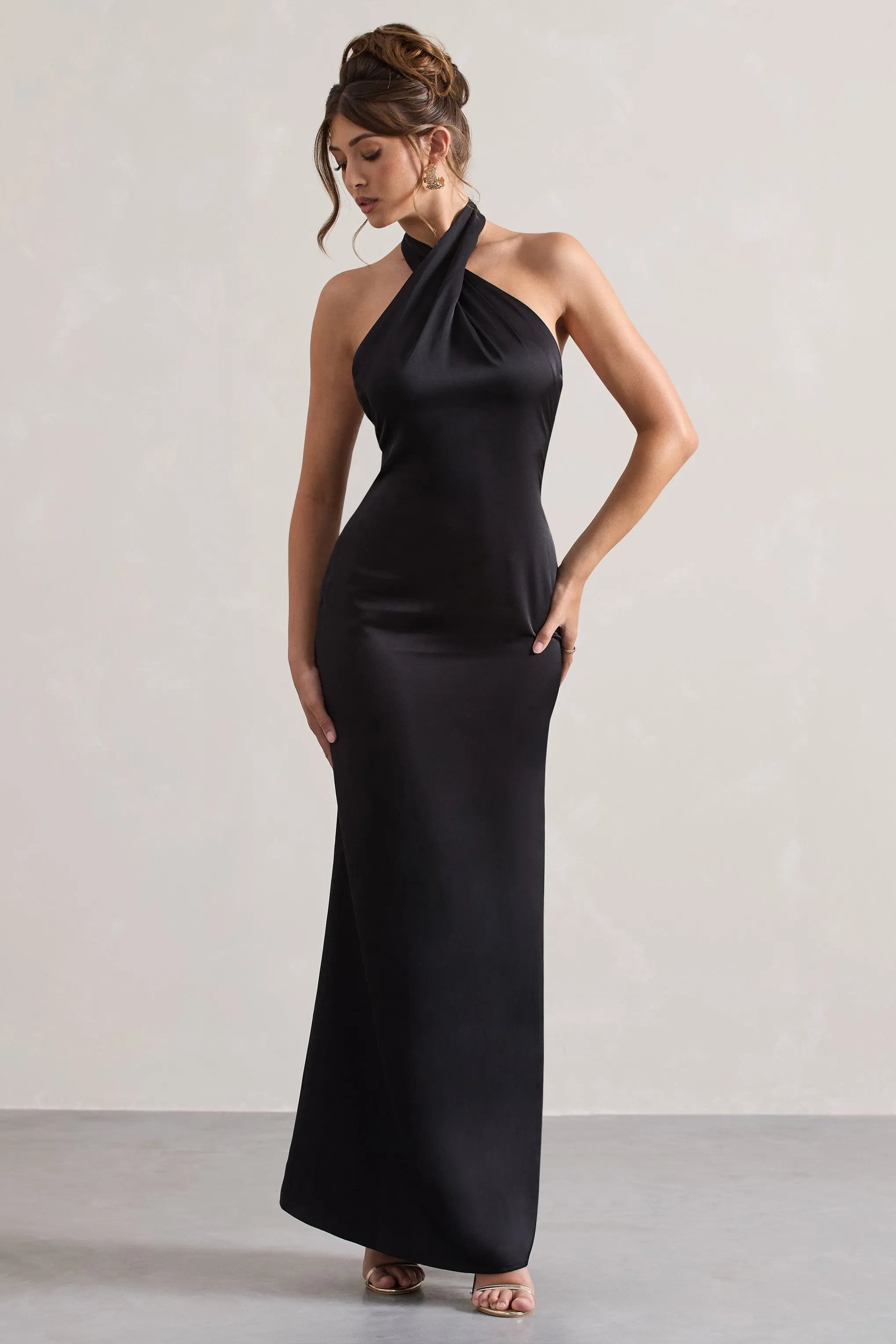 Unbeatable | Black Satin Cross Over Halter-Neck Maxi Dress