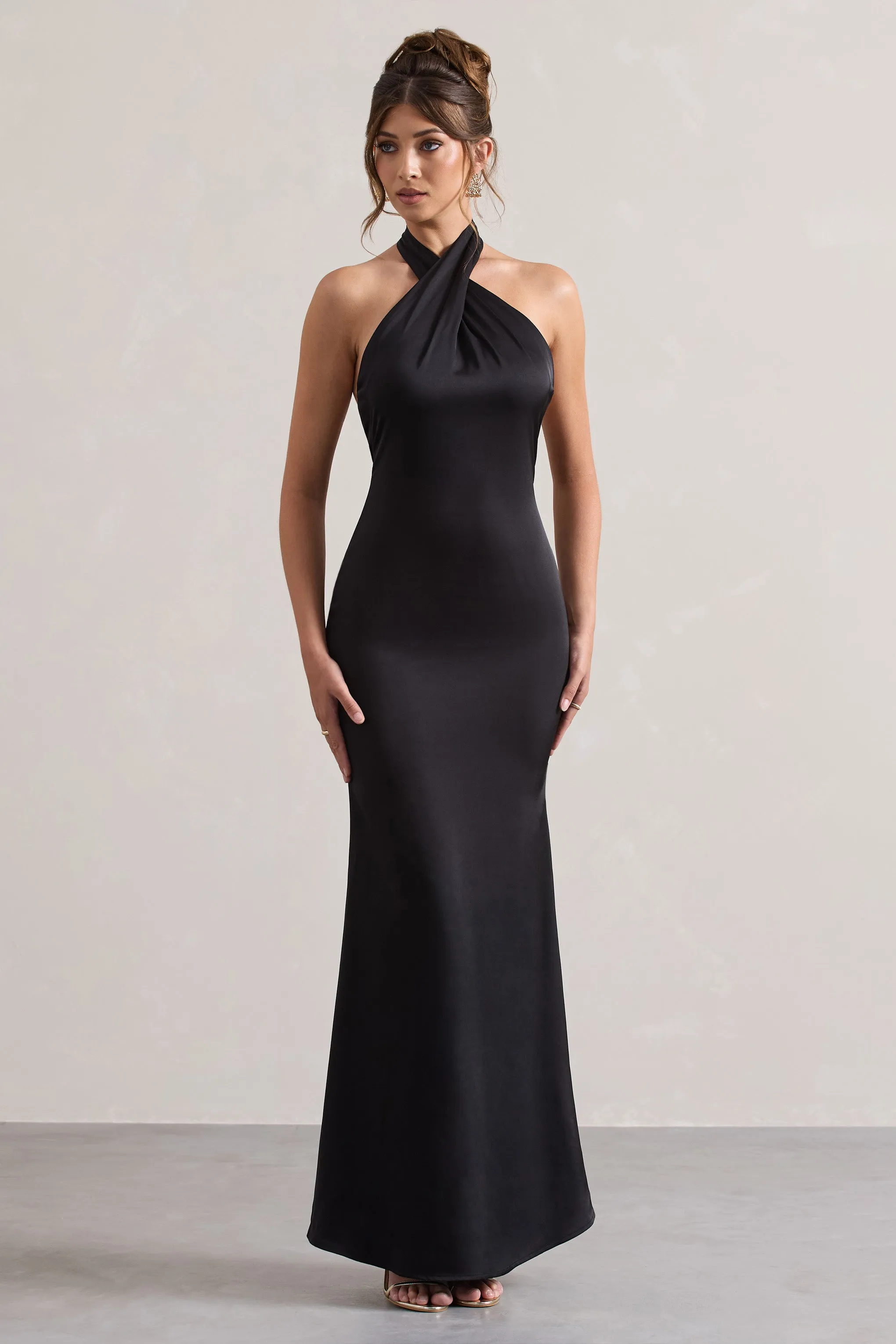 Unbeatable | Black Satin Cross Over Halter-Neck Maxi Dress