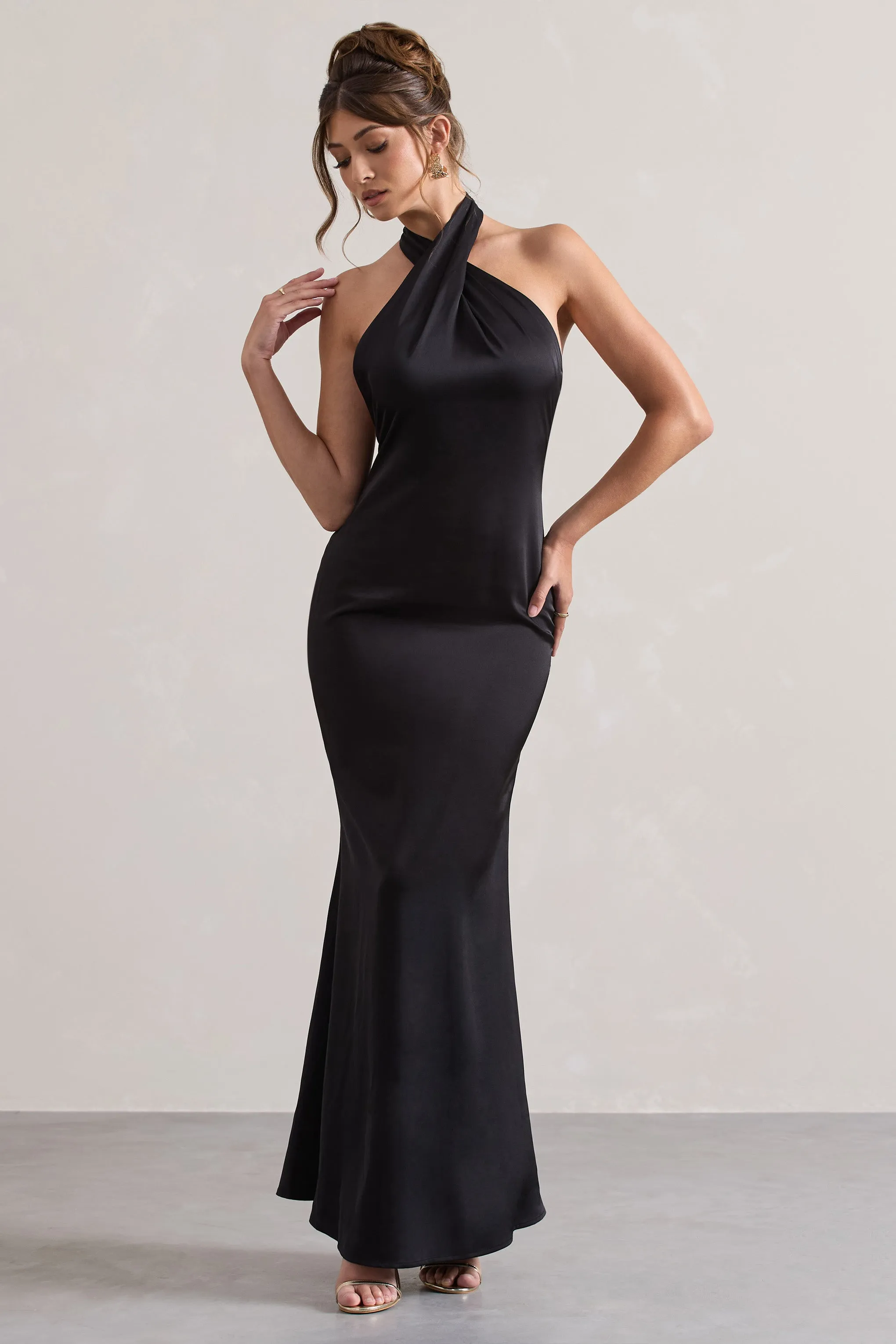 Unbeatable | Black Satin Cross Over Halter-Neck Maxi Dress