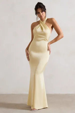 Unbeatable | Lemon Satin Cross Over Halter-Neck Maxi Dress