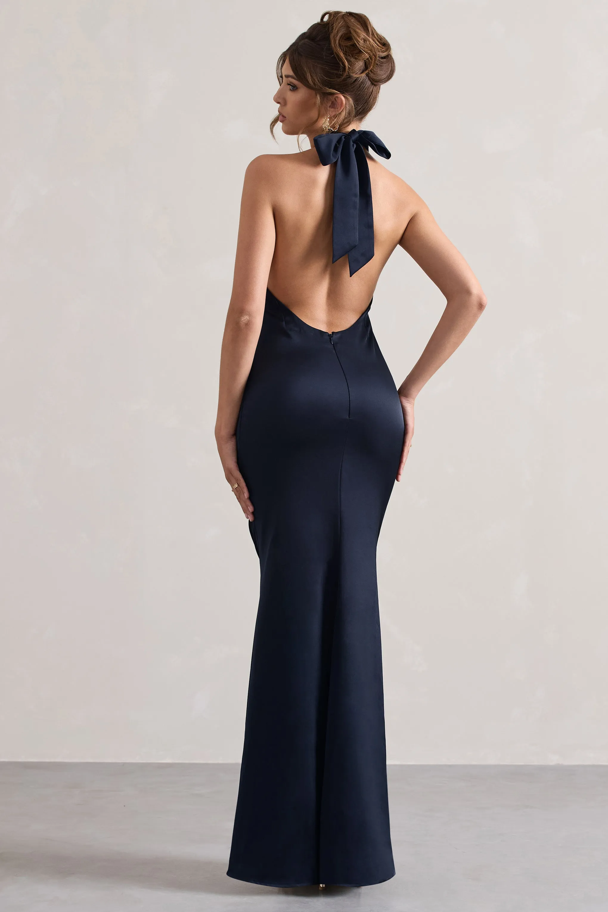 Unbeatable | Navy Satin Cross Over Halterneck Maxi Dress