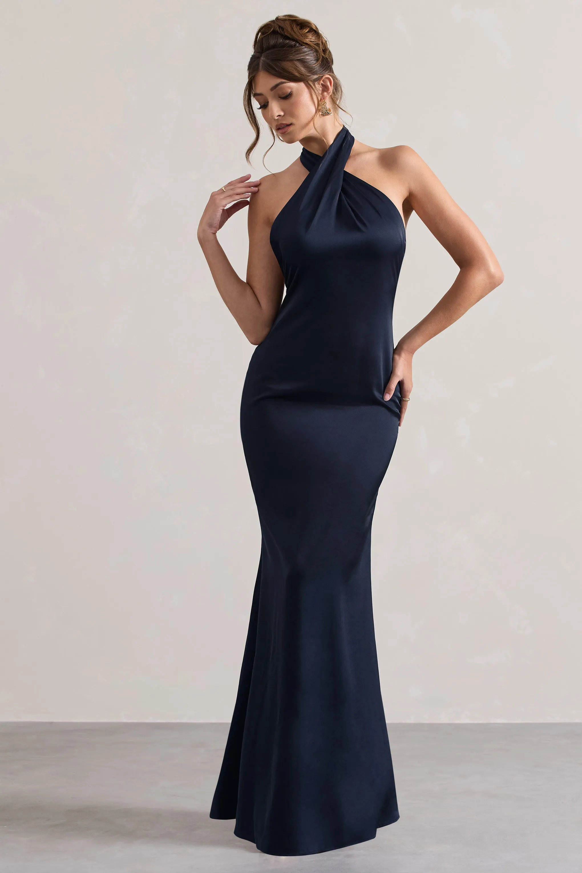 Unbeatable | Navy Satin Cross Over Halterneck Maxi Dress