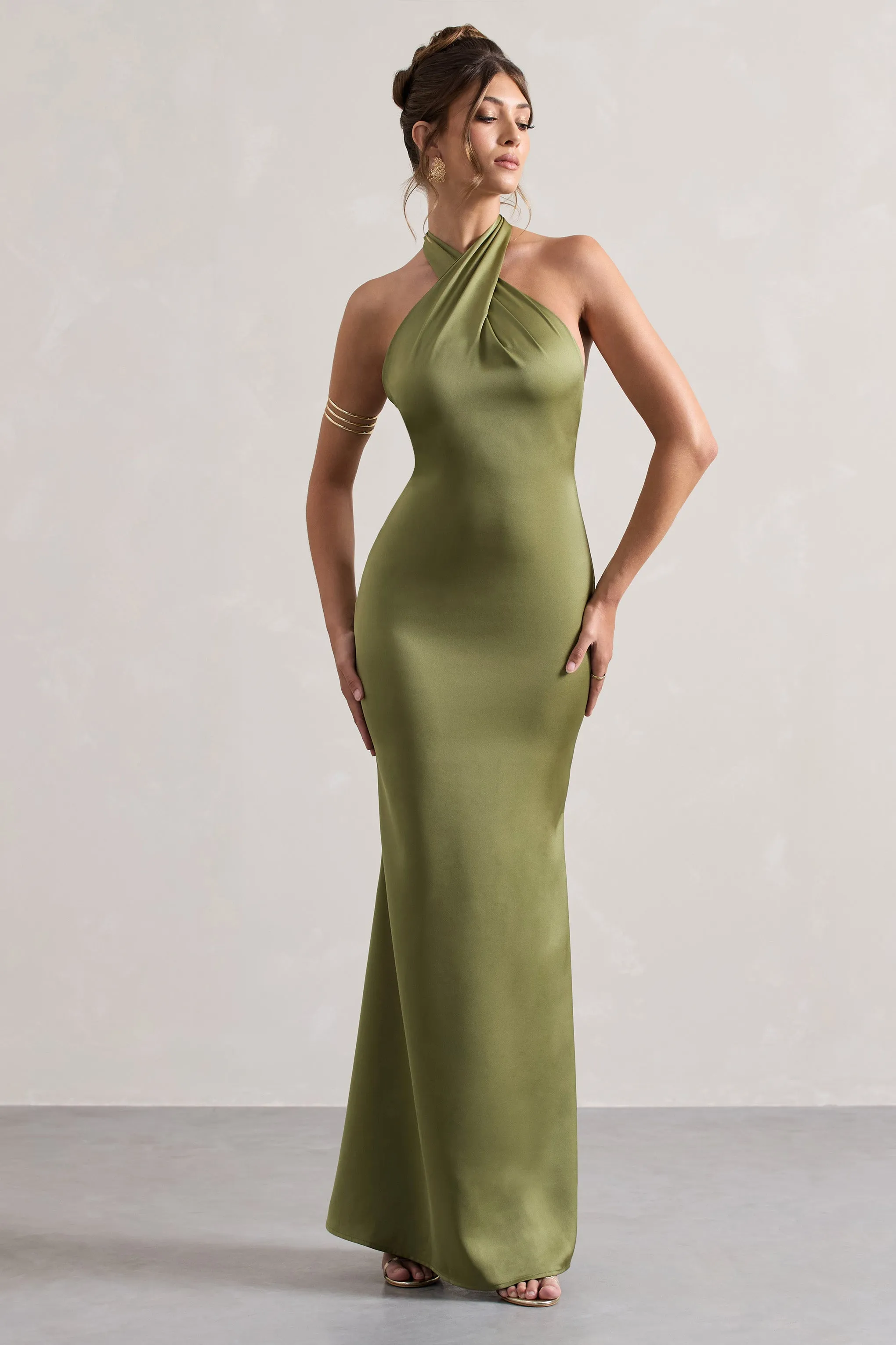 Unbeatable | Olive Satin Cross Over Halter-Neck Maxi Dress