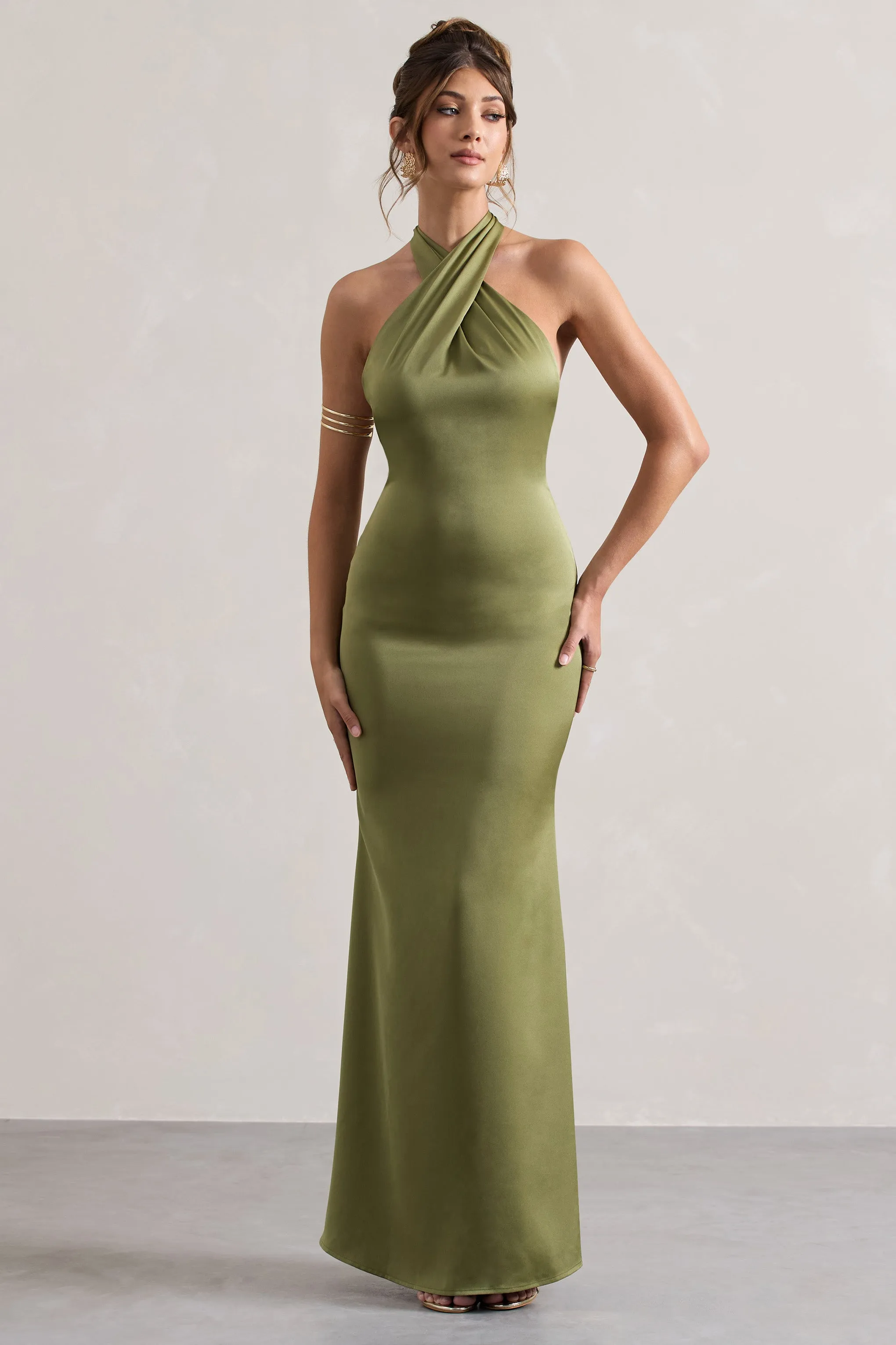 Unbeatable | Olive Satin Cross Over Halter-Neck Maxi Dress