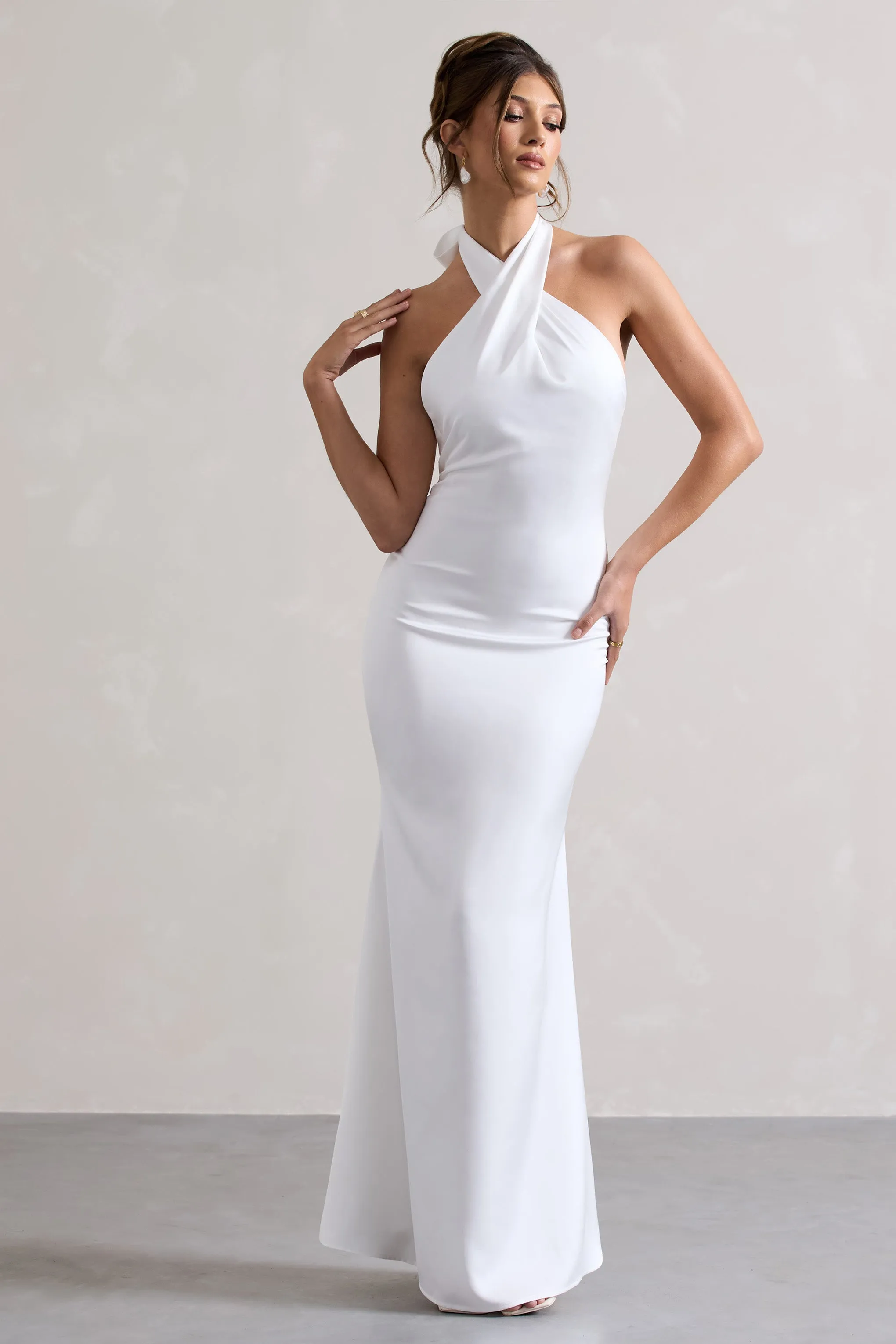 Unbeatable | White Satin Cross Over Halter-Neck Maxi Dress