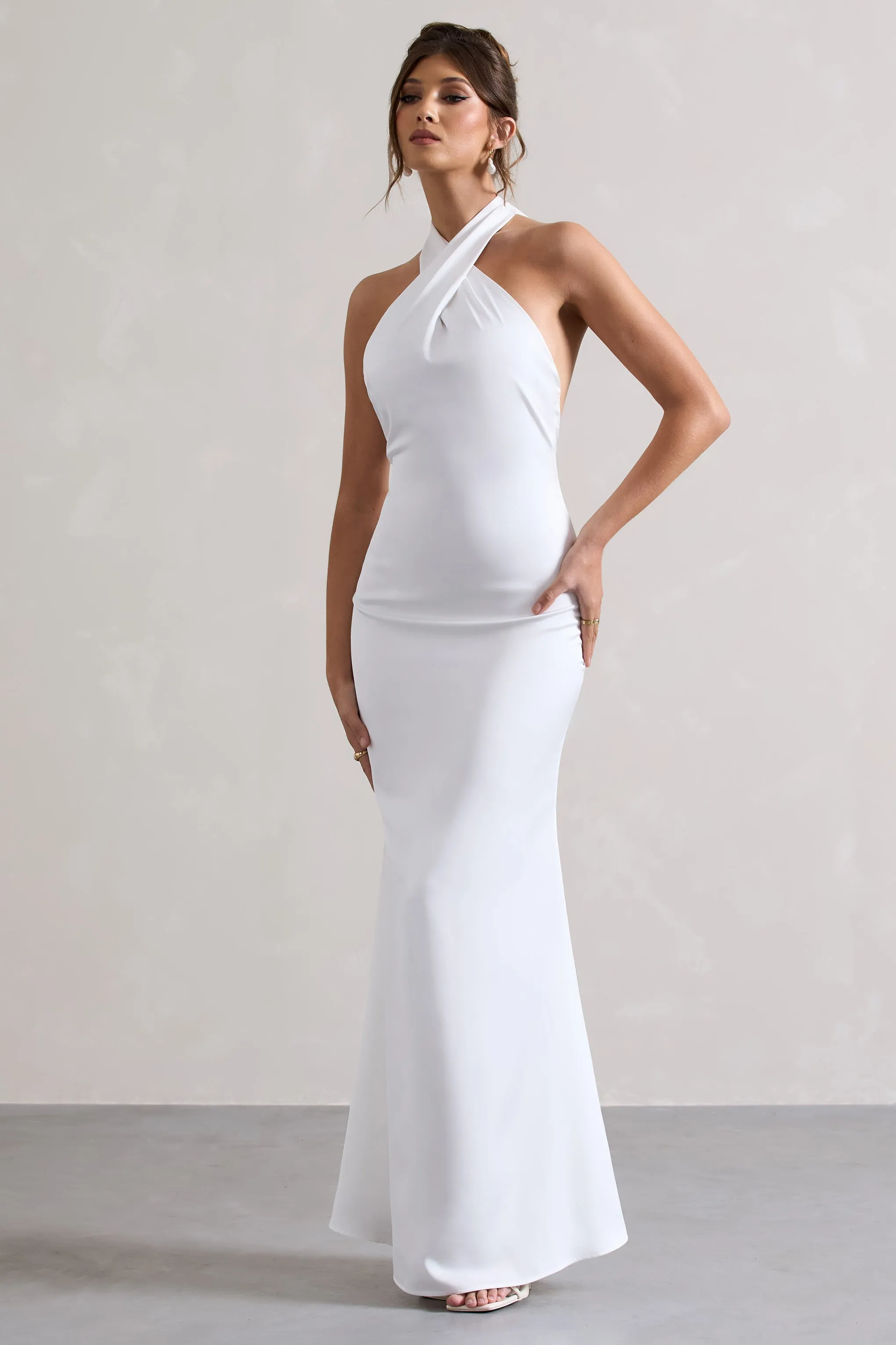 Unbeatable | White Satin Cross Over Halter-Neck Maxi Dress