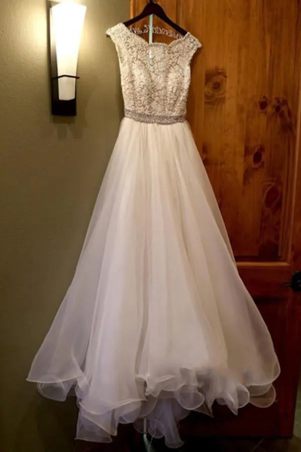 White Bateau Neck A-line Beading Organza Long Wedding Dresses OK552