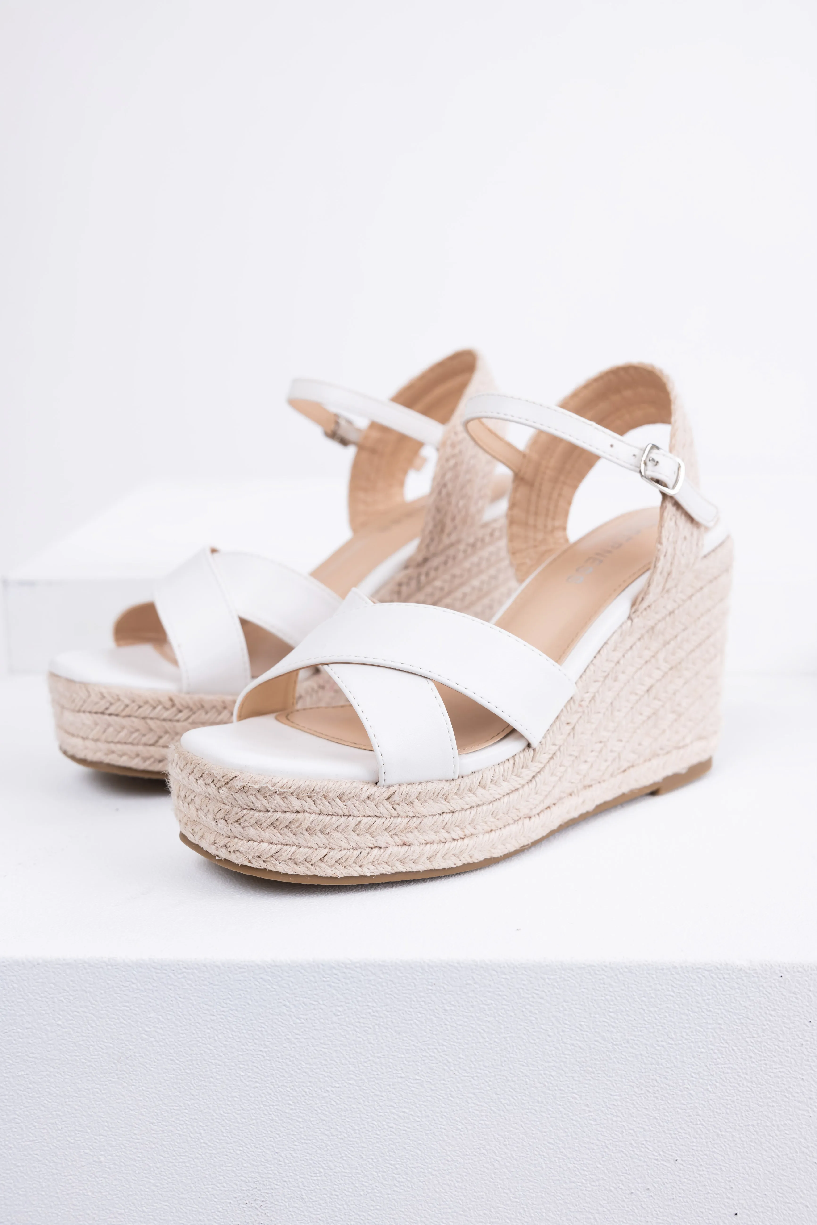 White Cross Strap Espadrille Wedge Heels