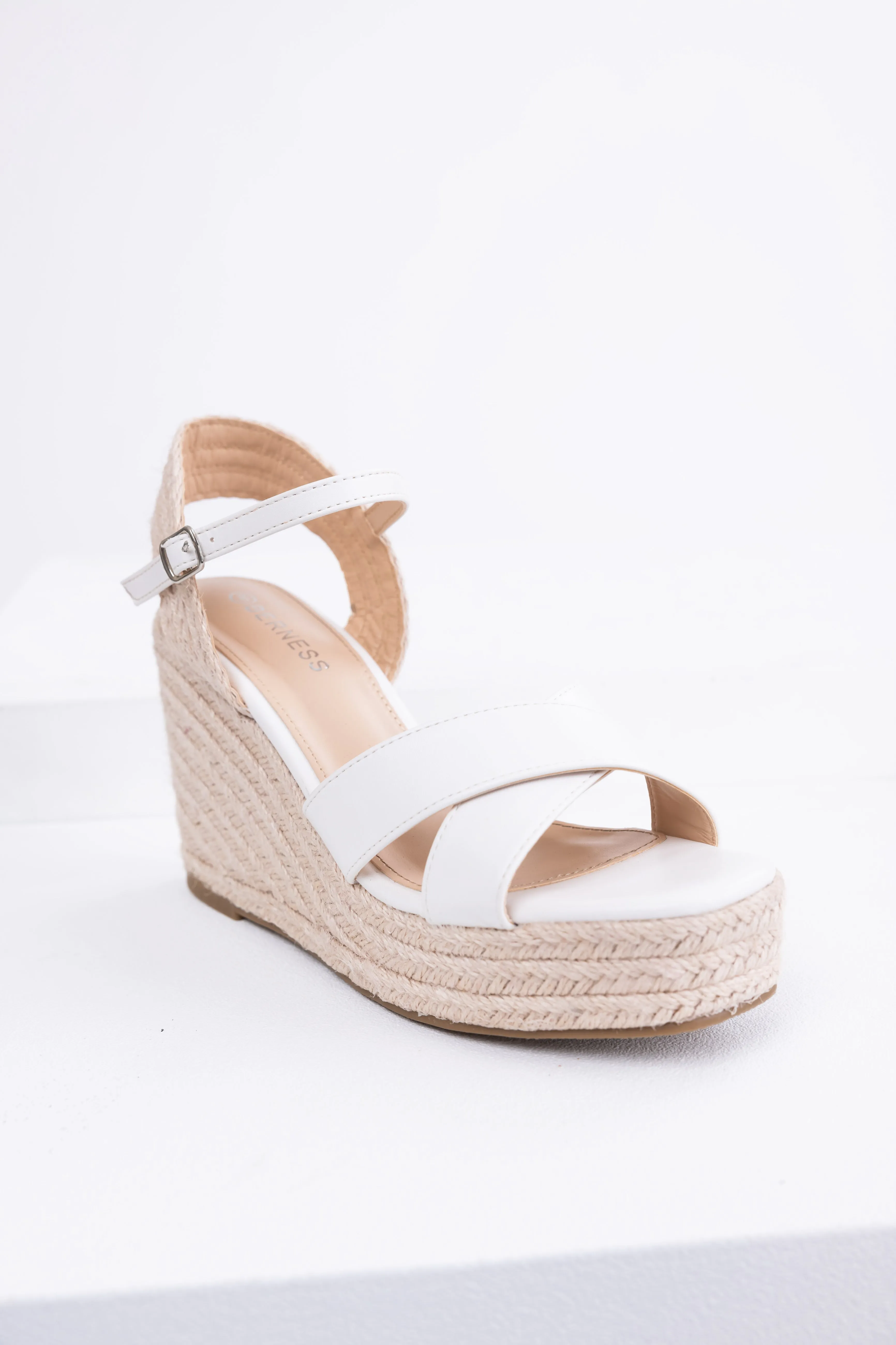 White Cross Strap Espadrille Wedge Heels