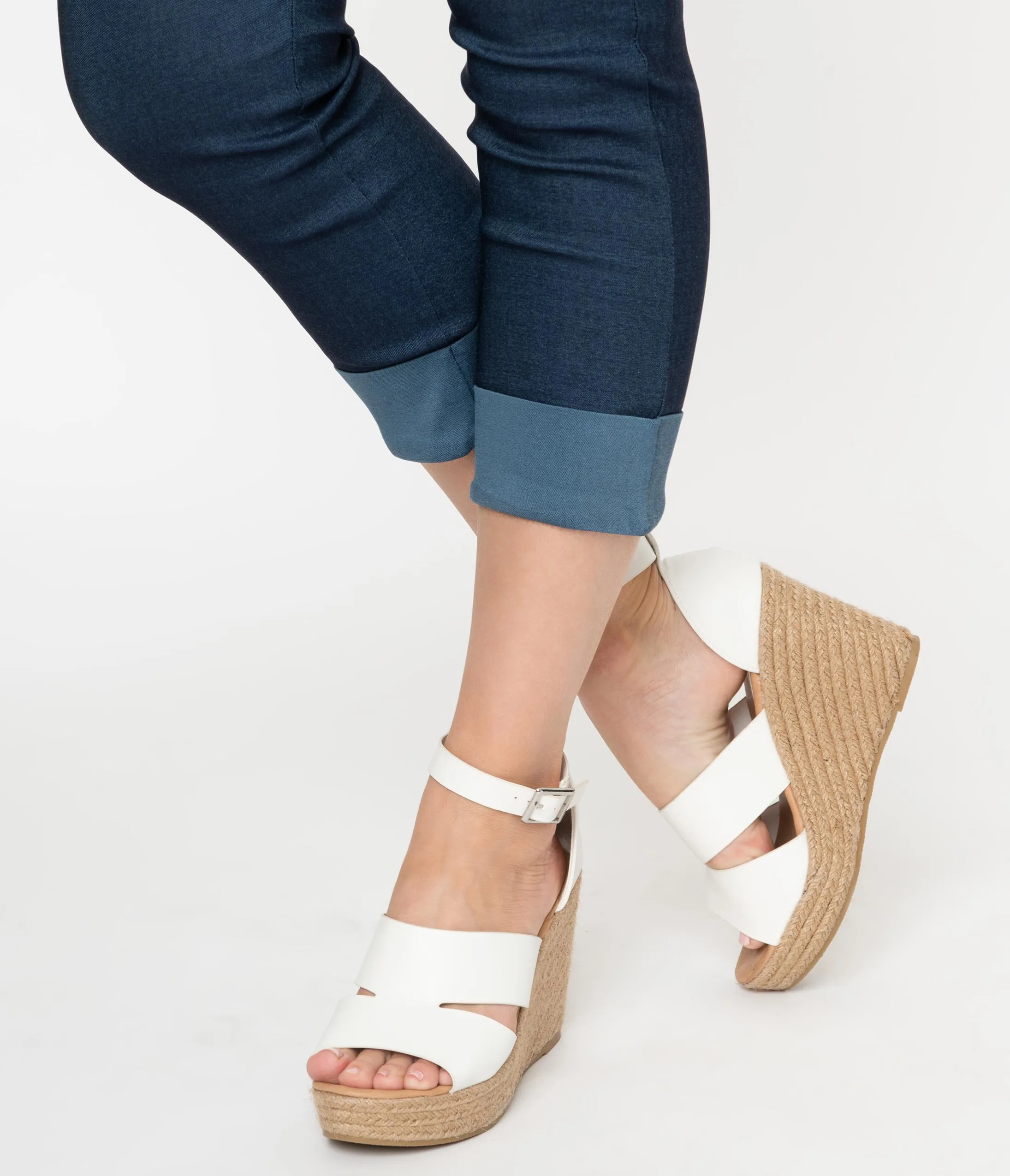 White Leatherette Espadrille Wedge Sandals