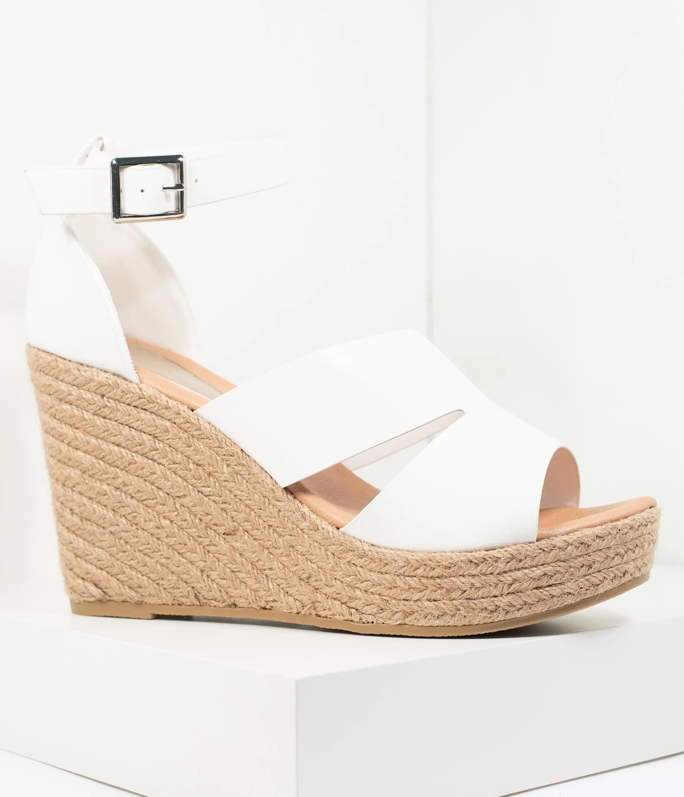 White Leatherette Espadrille Wedge Sandals