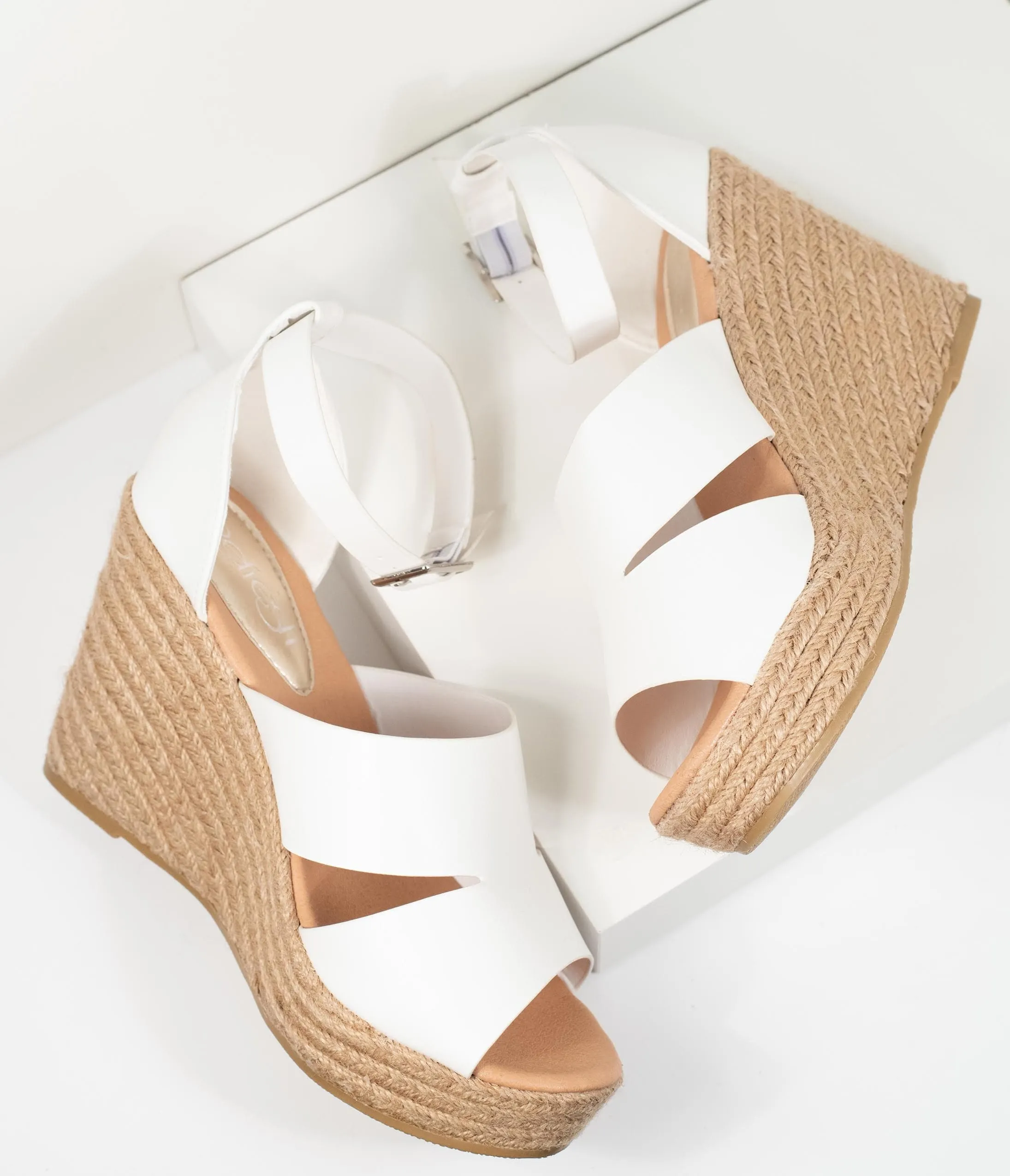 White Leatherette Espadrille Wedge Sandals