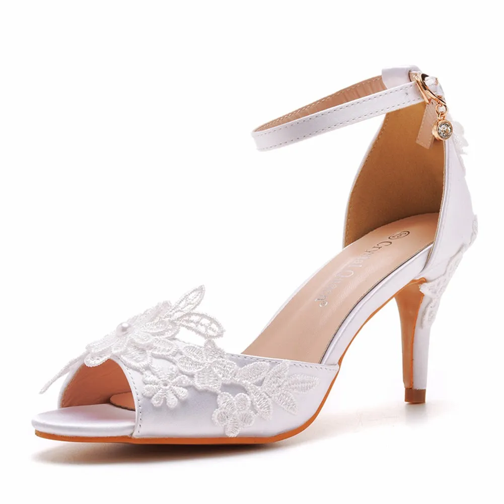 White Satin Floral Lace One-Strap Peep Toe High Heel Sandals