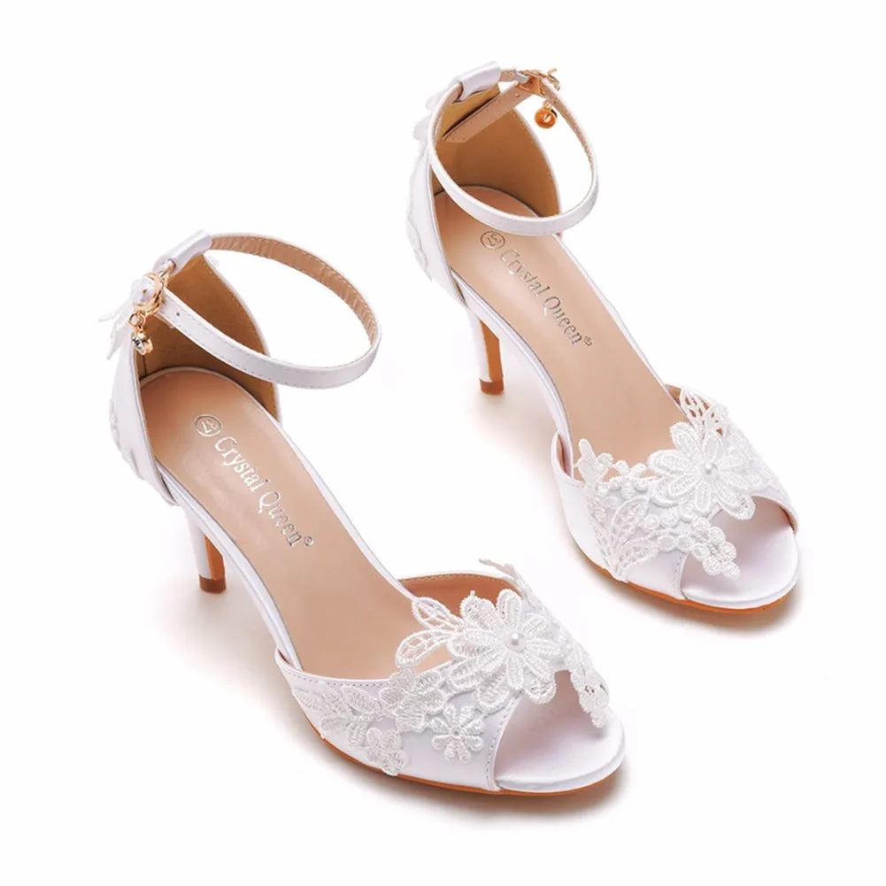 White Satin Floral Lace One-Strap Peep Toe High Heel Sandals