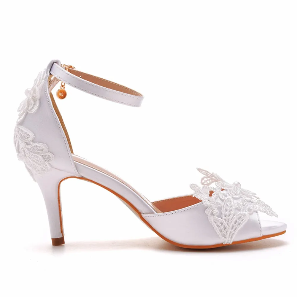 White Satin Floral Lace One-Strap Peep Toe High Heel Sandals