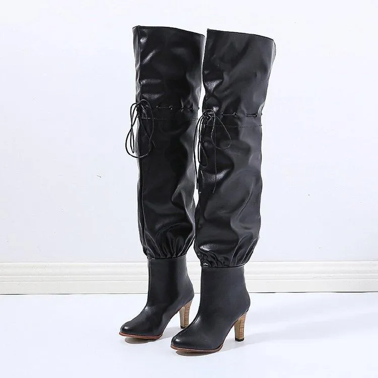 Women fashion chunky high heel lace up thigh high boots