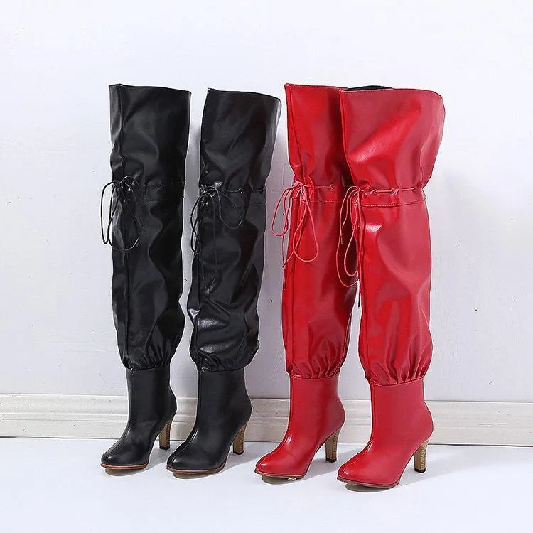 Women fashion chunky high heel lace up thigh high boots