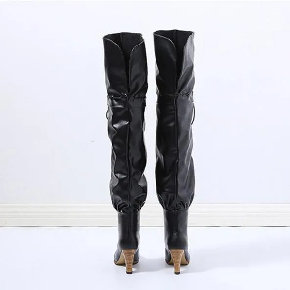 Women fashion chunky high heel lace up thigh high boots