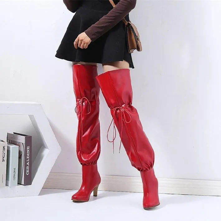 Women fashion chunky high heel lace up thigh high boots