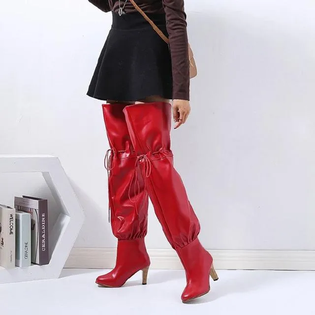 Women fashion chunky high heel lace up thigh high boots