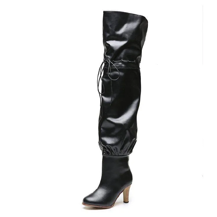 Women fashion chunky high heel lace up thigh high boots