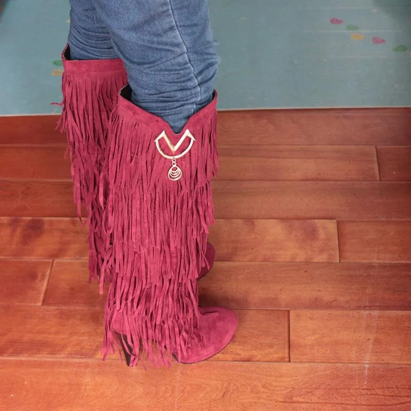 Women fashion fringe chunky heel platform knee high boots