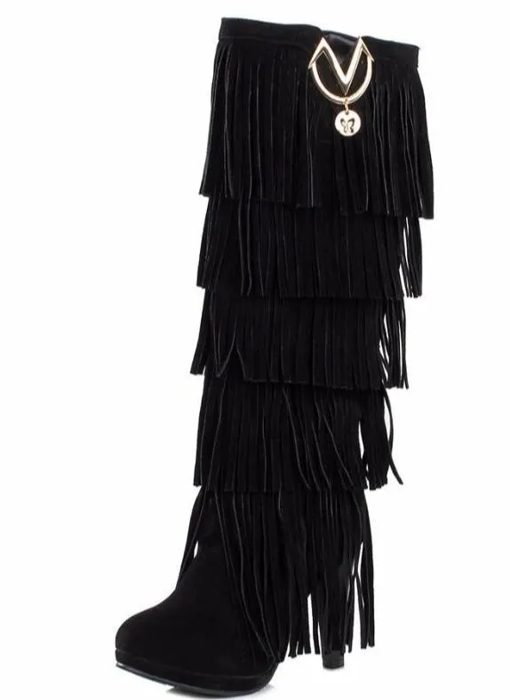 Women fashion fringe chunky heel platform knee high boots