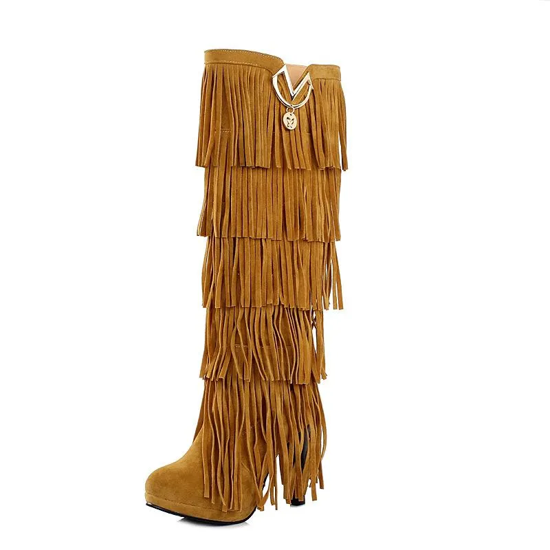 Women fashion fringe chunky heel platform knee high boots