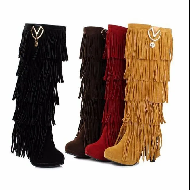 Women fashion fringe chunky heel platform knee high boots