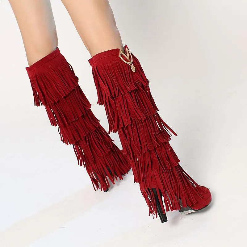 Women fashion fringe chunky heel platform knee high boots