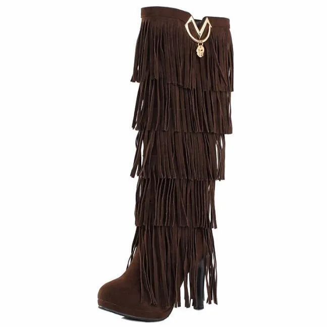 Women fashion fringe chunky heel platform knee high boots