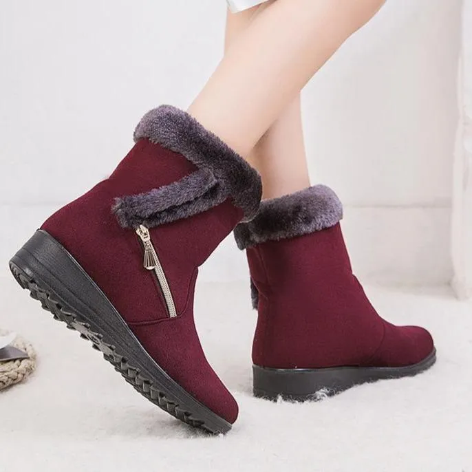 Women flat heel side zipper faux fur short winter snow boots