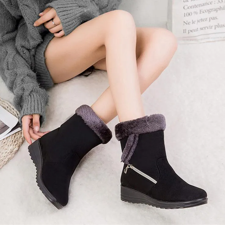 Women flat heel side zipper faux fur short winter snow boots