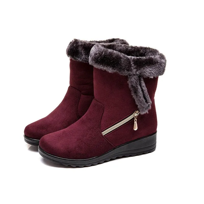 Women flat heel side zipper faux fur short winter snow boots