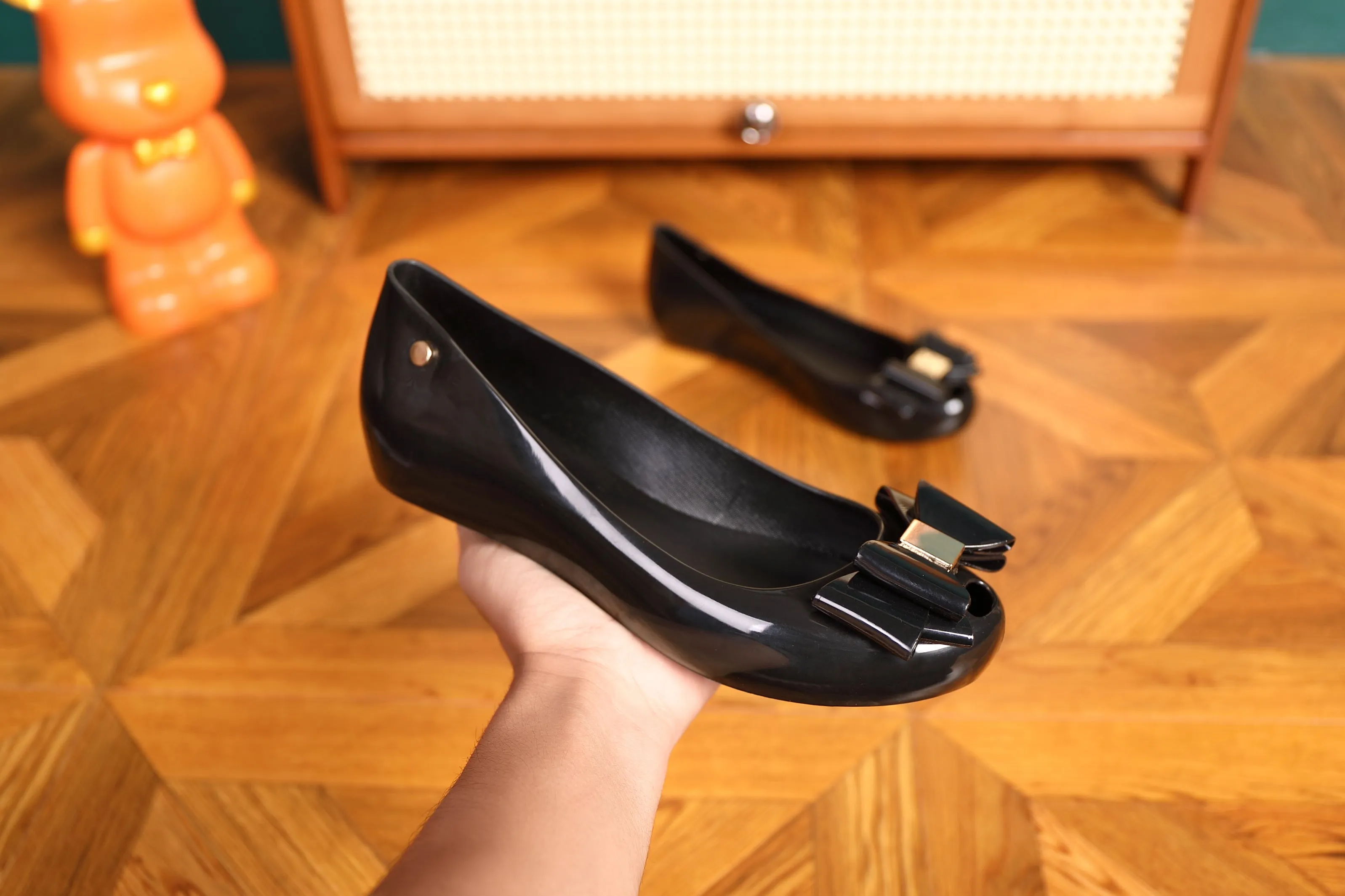 Women Flat Jelly Ballet Slip-On Peep Toe Shoes Sandal BG-552 BLACK